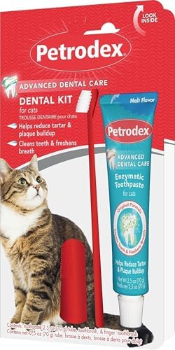 Petrodex Dental Care Kit for Cats, Cat Toothbrush and Toothpaste, Cleans Teeth and Fights Bad Breath, Reduces Plaque Tartar Formation, Malt Flavor, 2.5oz Toothpaste + Toothbrush | Complete oral care kit: toothpaste + dual-end toothbrush; reduces plaque...