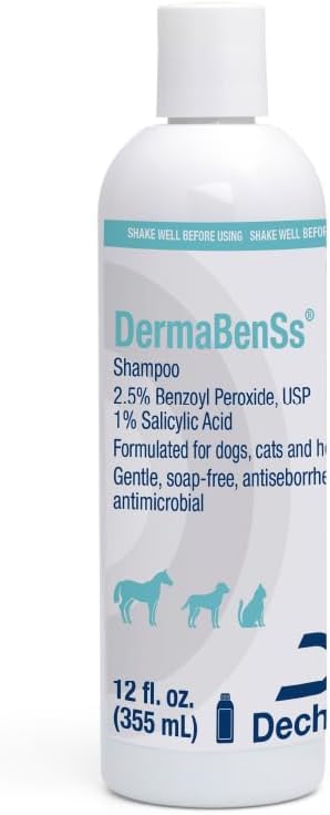 DermaBenSs® Shampoo for Dogs, Cats and Horses, 12 Fl Oz | Gentle, Soap-Free, Antiseboerrhetic, Antimicrobial; 2.5% Benzoyl Peroxide, USP; 1% Salicylic Acid; Packaging May Vary