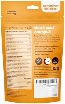 Skin and Coat Supplement for Dogs | Nourishing Omega 3 for Dogs with EPA DHA Krill Oil and Vitamin E | Dog Skin and Coat Supplement | 1 Chew up to 75lbs | NASC Certified & Made in The USA | 90 Chews