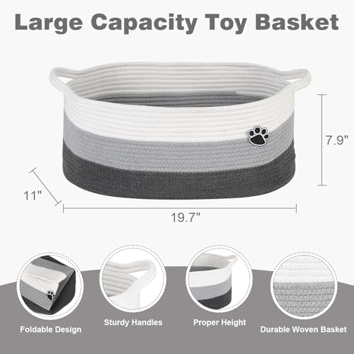Optish Dog Toy Basket, 30L Toy Box and Bin for Dog Cat Storage, 19.7" X 11" X 7.9" Large Woven Rope Basket for Blankets, Living Room, Bedroom, White & Grey