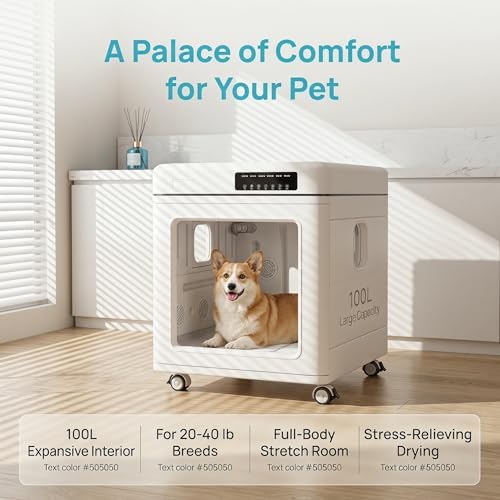100L Pet Dryer Box for Medium Dogs and Large Cats, 35dB Ultra Quiet Automatic Cat Drying Station, 5-Sided Airflow with Brushless Motor Fits Maine Coon, Corgi, Shiba Inu (Large)