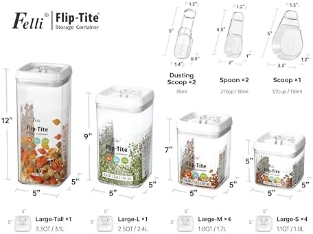 Felli Flip Tite Food Storage Container with Scoop & Lid 5" LARGE Airtight Ring Top, Acrylic Canister for Sugar Flour Baking Powder Rice Pasta, Kitchen Organizer Christmas Gift Set (10pk, Variety)