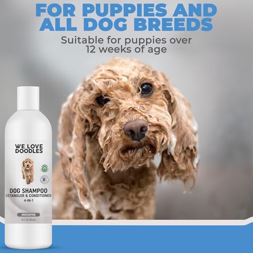 Dog Shampoo Conditioner & Detangler, Hypoallergenic Tearless Unscented 16OZ | For Sensitive Itchy Skin, Hypoallergenic, Tearless, Best Shampoo For Smelly Dogs, Goldendoodle, Poodle & Doodle, Made in USA