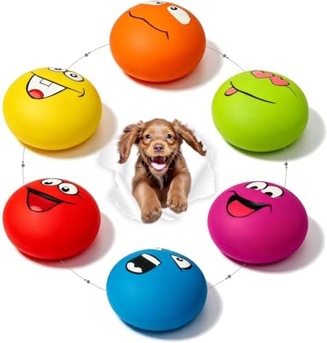 HOLYSTEED Latex Squeaky Dog Toys for Small Dogs, Mini Breed, 2.2" Flat Ball | 2.2"x2.2"x1.3", 6pcs Flat Soft Rubber Small Dog Toys with Squeaker, Smile Face Dog Balls for Indoor, Outdoor Interactive Play