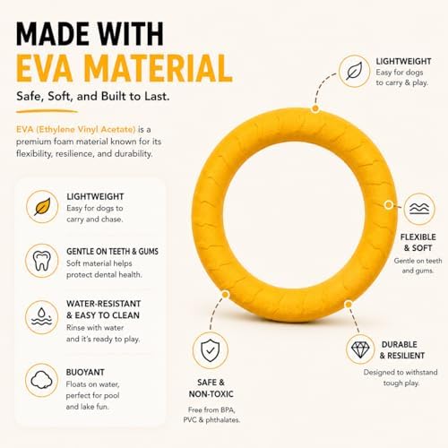 Dog Ring Frisbee Toy EVA Foam Fetch Chew Tug Toy for All Breeds (Yellow, Large)