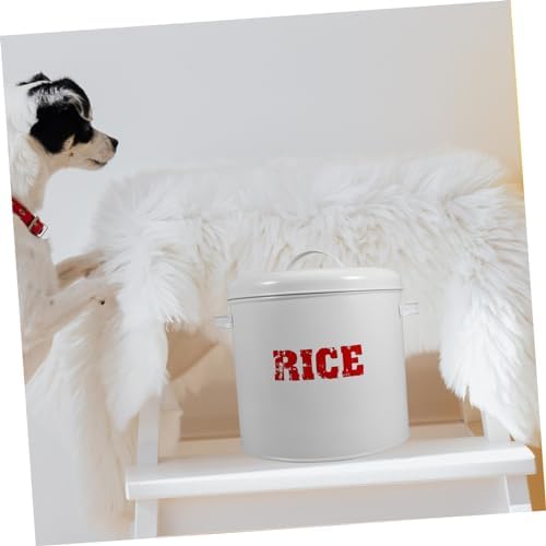 POPETPOP 1pc Iron Sheet Pet Food Storage Bucket with Measuring Cup Airtight Container for Dog and Cat Food Large Capacity Design for Storage White