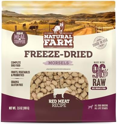 Natural Farm Freeze-Dried Red Meat Morsels for Dogs – 96% Raw Beef, Organs & Pork, Complete Meal or Food Topper, Grain-Free, Gluten-Free, Probiotics for Digestion, All Life Stages – 3.5oz Bag