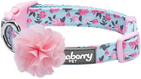 Blueberry Pet Made Well Cute Floral Print Adjustable Dog Collar in Light Blue with Pink Artificial Silk Flower, Large, Neck 18"-26"