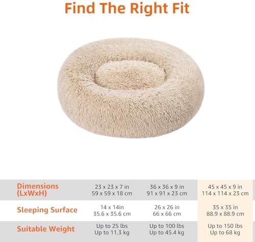 Amazon Basics Washable Donut Pet Bolster Faux Fur Bed with Removable Cover, Anti-Slip Bottom for Dog, Beige, 45" x 45"