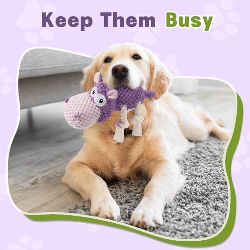 TOOPTATE Hippo Squeaky Dog Toy, Purple, Medium | Cute Plush Design, Rope Legs for Tugging, Helps Keep Dogs Busy, Suitable for Small, Medium, and Large Dogs