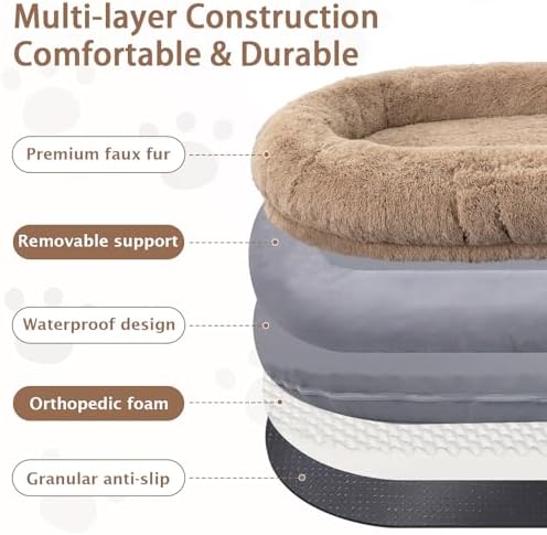 ROOMTEC Human Dog Bed, 71''x45''x12'' Size Fits Adult and Pet Washable Giant People Bed 10 CM Thick Memory Foam Large Oversize Pet Bed with Plump Pillow, Blanket, Strap - Khaki