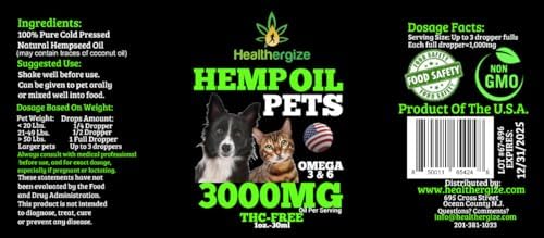 Healthergize Organic Hemp Oil for Dogs and Cats Pets-Calming, Hip, Separation, Skin, Fur, Health, Thunder Storm-Made in USA