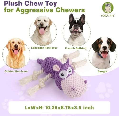 TOOPTATE Hippo Squeaky Dog Toy, Purple, Medium | Cute Plush Design, Rope Legs for Tugging, Helps Keep Dogs Busy, Suitable for Small, Medium, and Large Dogs