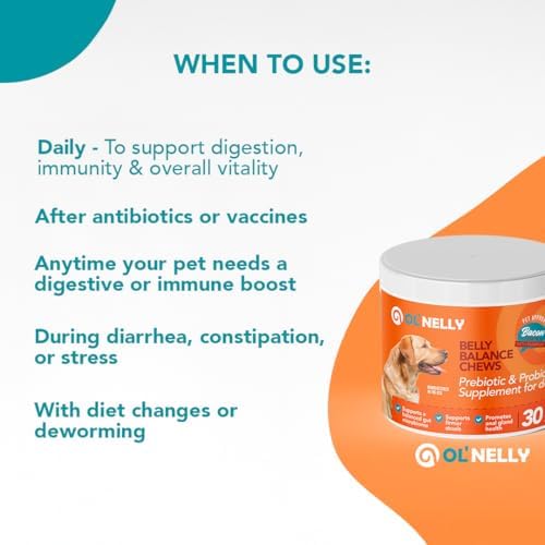 OL'Nelly Dog Probiotic Chews, 5.4 Billion CFU, 6 Strains, Pumpkin, Inulin & Yucca Root, Digestive Health Supplement for Dogs, Supports Gut Balance, Firmer Stools, Anal Gland Health, Gas & Bloating