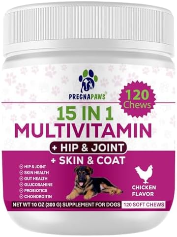 15-in-1 Postnatal Vitamins for Dogs - Enhances Recovery, Supports Joint Health, Skin & Coat Care - Probiotics & Multivitamins for Nursing Dogs - 120 Chewable Chicken Flavor Tablets