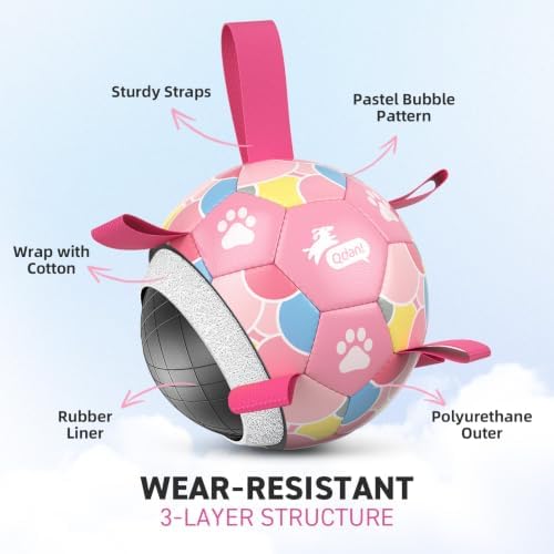 QDAN Dog Soccer Ball Toy with Strap, Pastel Color Puppy Toys Gifts, 6 Inch | Waterproof Durable PU Leather, for Small and Medium Dogs and Puppies, for Park, Outdoor and Pool Chase Play Herding Jolly