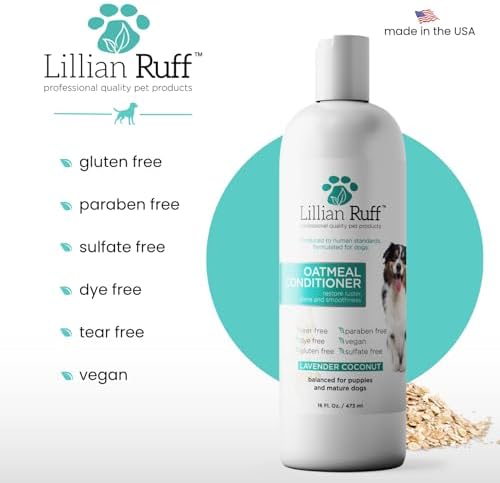 Lillian Ruff PRO Formula Oatmeal Dog Conditioner - Nourishing & Calming Relief for Allergies & Sensitive Skin - Detangles, Softens & Adds Shine with Oatmeal, Coconut Oil & Lavender - USA (16oz+Brush)