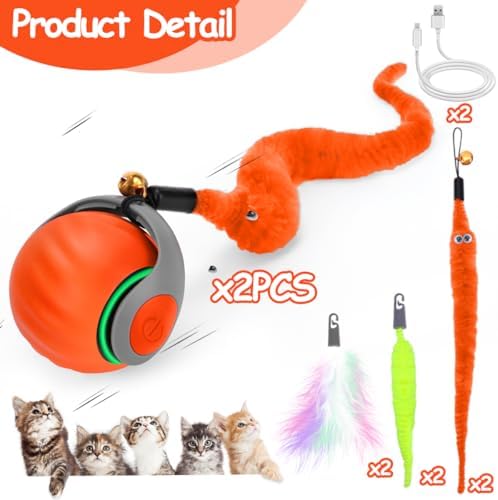 2PCS Interactive Cat Toy Ball, Rechargeable Cat Toys for Indoor Cats | with Feather Tails for Kittens Chasing, Motion Activated Ball for Enrichment, Automatic Rolling Toys to Keep Them Busy Orange