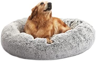 Bedfolks Calming Fluffy Donut Dog Bed for Large Dogs,Light Grey, 36" Round