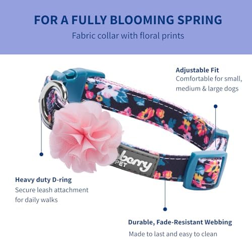 Blueberry Pet Made Well Elegant Floral Print Adjustable Dog Collar in Sleek Black with Pink Artificial Silk Flower, Small, Neck 12"-16"