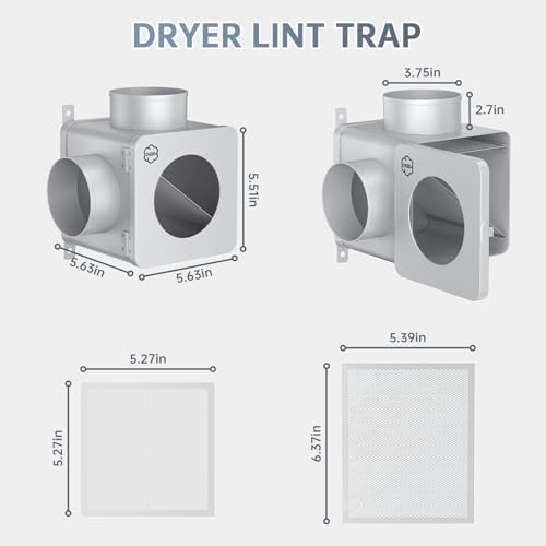 90° Dryer Lint Trap – Indoor Secondary Lint Trap for Dryer with 4" x 8FT Vent Hose, Dryer Duct Lint Trap Box & Stainless Filters, Dryer Lint Catcher for Electric & Gas Dryers(Metal)
