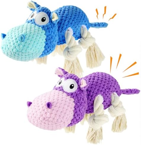 TOOPTATE 2-Pack Squeaky Hippo Dog Toys, Blue & Purple, Medium | Cute Plush Design, Rope Legs for Tugging, Helps Keep Dogs Busy, Suitable for Small, Medium, and Large Dogs