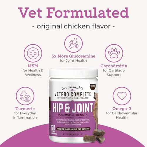 Dr. Joseph's VetPro Complete Dog Hip & Joint Wellness Supplement – High-Strength Glucosamine, MSM, Omega & Chondroitin Chews and Breeds – Vet Formulated Chicken Dog Treat - 120 Count