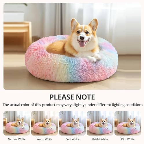 JOLLYVOGUE 31" Calming Donut Dog Bed, Rainbow