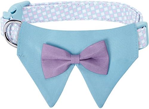 Blueberry Pet Sophisticated Pastel Blue Checker Adjustable Dog Bandana Collar with Bow Tie, Medium, Neck 14.5"-20"