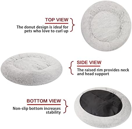 Bedfolks Calming Fluffy Donut Dog Bed for Small Dogs,Light Grey, 23" Round