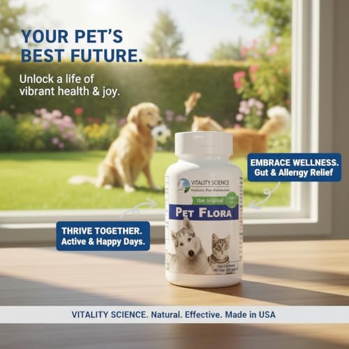 Vitality Science Pet Probiotic for Cats & Dogs | Pet Flora - Great for Diarrhea, Vomiting, Gas, Skin Conditions - Additive Free (100 Caps)