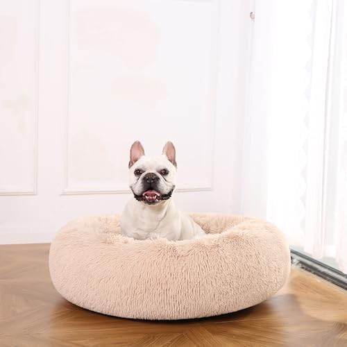 Amazon Basics Washable Donut Pet Bolster Faux Fur Bed with Removable Cover, Anti-Slip Bottom for Dog, Beige, 36" x 36"