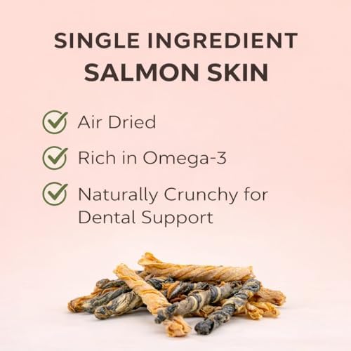 TAIL & TONIC Salmon Skin Dog Treats - Single Ingredient Dog Treats, Air-Dried Chewy Fish Skins for Dogs, High Protein, Omega-3 Rich Dental Chews, Twist