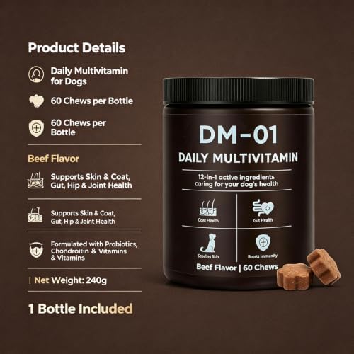 DM-01 Daily Multivitamin for Dogs, 12-in-1 Ingredientscaring for Your Dog's Health, Probiotics, Chondroitin & Vitamins, Skin & Coat, Gut, Hip Support, Beef Flavor, 60 Chews