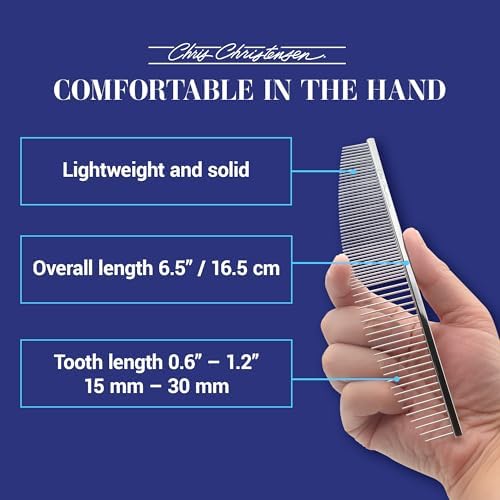 Chris Christensen 00C 6.5 in Crescent Coarse/Fine Finishing Butter Comb, Groom Like a Professional, Rounded Corners Prevent Friction and Breakage, Solid Brass Spin with Steel Teeth, Chrome Finish