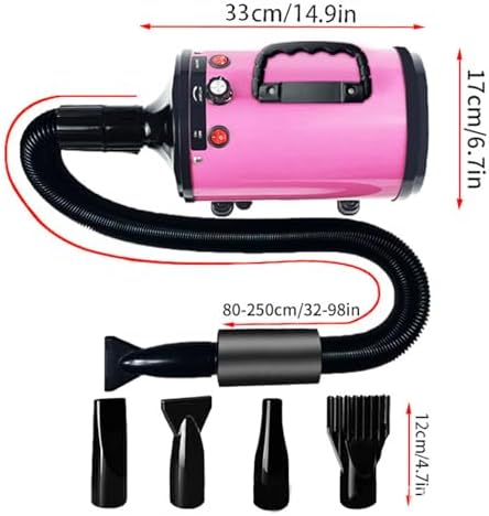 Dog Hair Dryer for Pet Grooming, High-Velocity Blow Dryer, Adjustable Speed and Temperature, Noise Reduction, 5 Nozzles for Efficient Drying