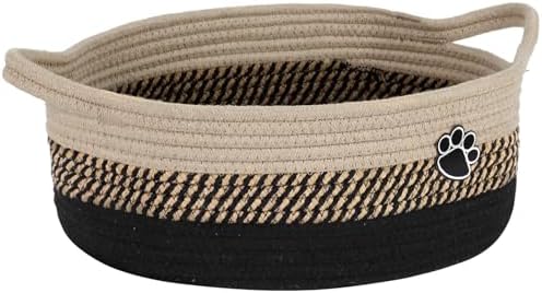 Optish Dog Toy Basket, Toy Box and Bin for Dog Cat Storage, 13.5" X 11" X 5" Small Woven Rope Basket for Baby Storage, Closet, Living Room, Brown & Black
