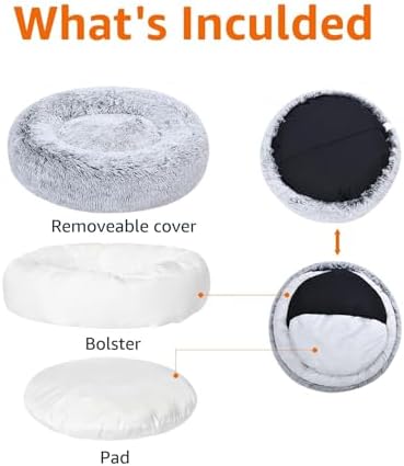 Amazon Basics Washable Donut Pet Bolster Faux Fur Bed with Removable Cover, Anti-Slip Bottom for Dog, Grey, 36" x 36"
