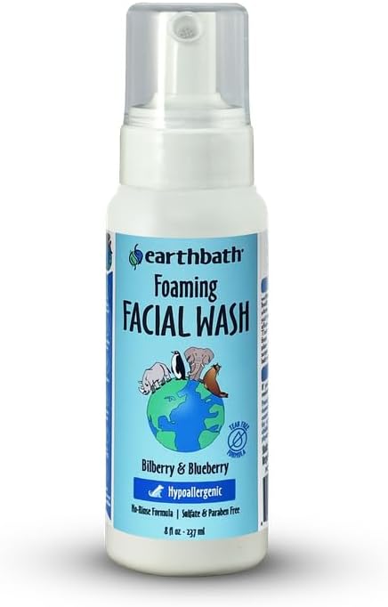 earthbath, Foaming Facial Wash - Dog Face Wash, Hypoallergenic, Tear Free Formula, Sulfate & Paraben Free, Cruelty-Free, Vegan, Gluten-Free, Bilberry & Blueberry Facial for Dogs & Cats - 8 Oz