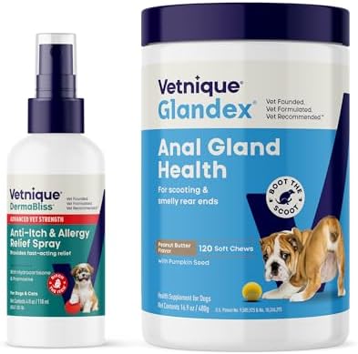 Vetnique Glandex Anal Gland Chews & Dermabliss Dog Anti-Itch Spray Bundle
