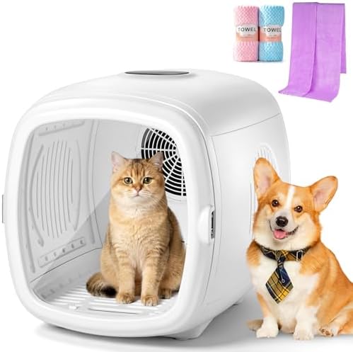 1200W High Velocity Pet Dryer Box for Cats & Small Dogs, Automatic Lonic Full-Body Fast Drying Box with 5 Temp Modes & Adjustable Wind,Low Noise Smart Soft Hair Grooming Dryer with 3 Towels(60L,White)
