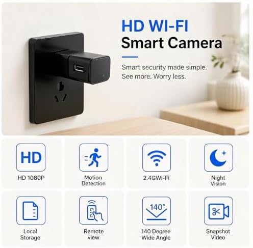 2K Plug-and-Play Indoor Security Camera, Motion Activated Wall Cam for Home & Pet Monitoring, Loop Recording with Local Storage, AC Adapter Powered