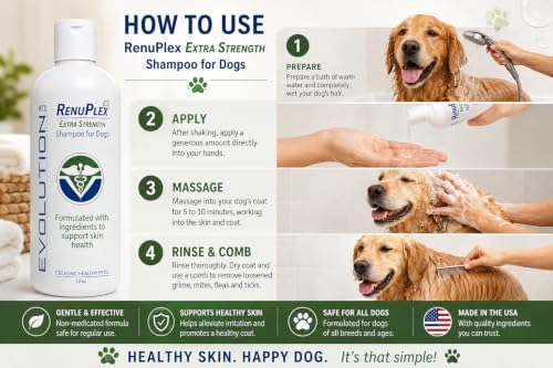 RenuPlex Extra Strength Dog Shampoo for Dogs with Mange-Related Skin and Coat Concerns, Itchy Skin and Hot Spots, with Oatmeal, Aloe, Zinc-PCA and Essential Oils, 12 Fl Oz. Made in the USA