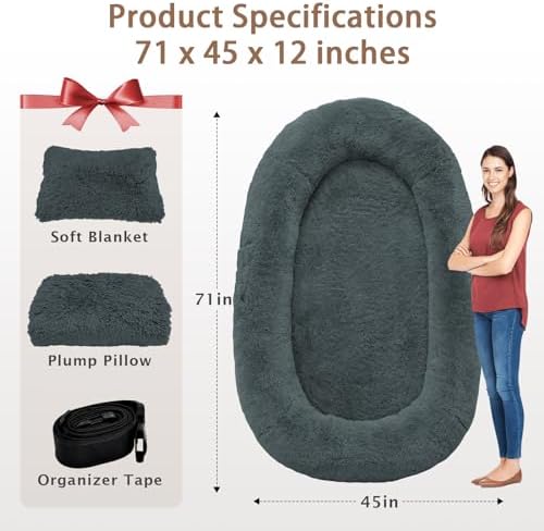 ROOMTEC Human Dog Bed, 71''x45''x12'' Size Fits Adult and Pet Washable Giant People Bed 10 CM Thick Memory Foam Large Oversize Pet Bed with Plump Pillow, Blanket, Strap - Darkgrey