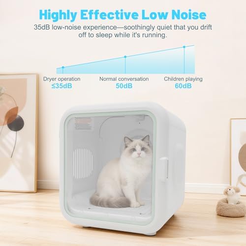 62L Pet Dryer Box for Cats and Small Dogs 【Fastest 15-Minute Drying】, 35dB Ultra Quiet Automatic Cat Dryer Box, 360° Full Body Drying, Removable Base, with Light and Skylights