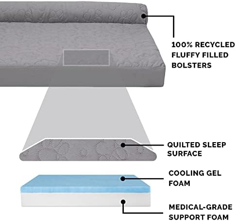 Furhaven Cooling Gel Dog Bed for Medium/Small Dogs w/ Removable Bolsters & Washable Cover, For Dogs Up to 35 lbs - Pinsonic Quilted Paw L Shaped Chaise - Titanium, Medium