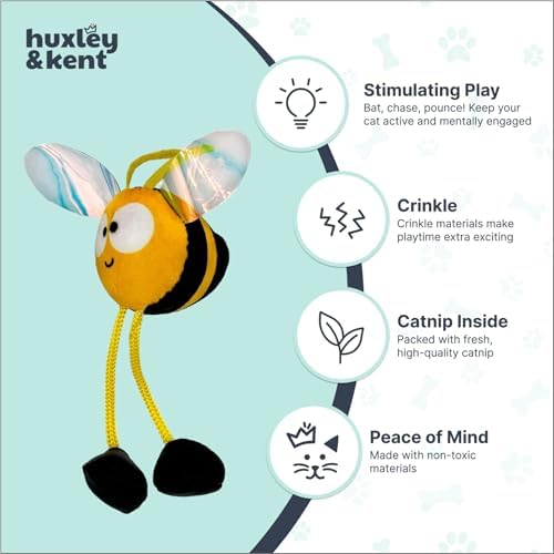 Huxley & Kent Chirpy Interactive Catnip Cat Toy, Bumble Bee | Touch Activated Chirp Chip with Auto Shut Off, Catnip & Crinkle, Dangly Motion, Soft Plush for Indoor Play