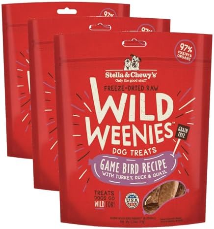 Stella & Chewy's Freeze-Dried Raw Wild Weenies Dog Treats - High-Protein Training Treats for Dogs & Puppies - All-Natural Game Bird Recipe with 97% Turkey, Duck & Quail - USA Made - 3.25 oz Bag