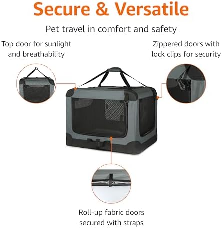 Amazon Basics Portable Folding Soft Dog Crate, 4-Doors, Collapsible Travel Kennel for Cat, Dog, and Small Animals, Quick Setup, Small 26" x 18" x 18", Grey