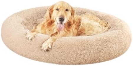 Amazon Basics Washable Donut Pet Bolster Faux Fur Bed with Removable Cover, Anti-Slip Bottom for Dog, Beige, 45" x 45"